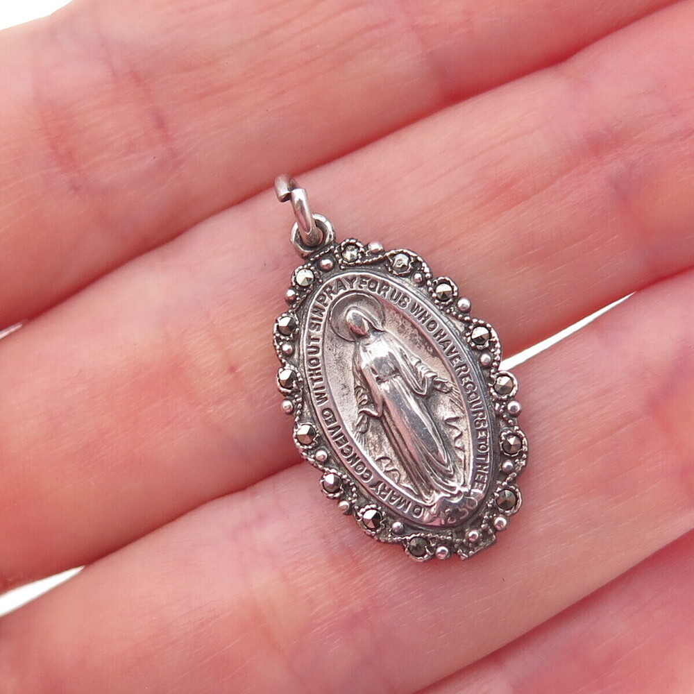 925 Sterling Silver Antique Art Deco Real Marcasite St. Mary Miraculous Pendant
